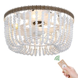 Boho Wood Beads Ceiling Fan with Light & Remote, 18" Coastal Fandelier Ceiling Fan with Light,Flush Mount Caged Ceiling Fan with 6 Speeds, Bohemian Fandelier Chandelier Fan for Bedroom/Kitchen/Nursery
