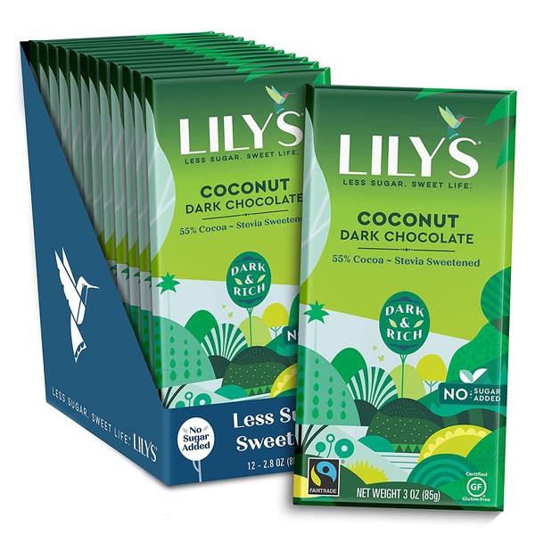 Coconut Dark Chocolate Bar by Lily's | Stevia Sweetened, No Added Sugar, Low-Carb, Keto Friendly | 55% Cocoa | Fair Trade, Gluten-Free & Non-GMO | 3 ounce, 12-Pack