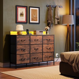 WLIVE Dresser TV Stand for 55 inch, Led Dresser for Bedroom, White Dresser for Bedroom with LED Lights and Charging Station, Chest of Drawers, 9 Fabric Dresser Drawers, Wood Top, Living Room, Closet