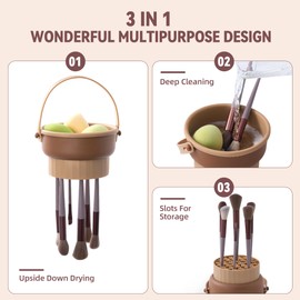 ADETON Makeup Brush Cleaner, 3 in 1 Silicone Make Up Brushes and Tools Cleanser, Organizer Storage Holder, Cleaning Mat, Cosmetic Brushes Cleansing, Counter Storage, Sponge Air Drying (B - MOCHA)