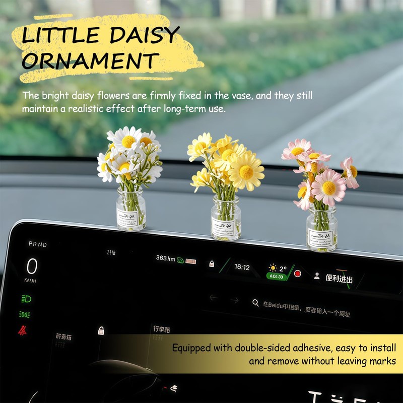 VBGURR 3Pcs Mini Daisy Car Decor Set, Cute Dashboard Ornaments