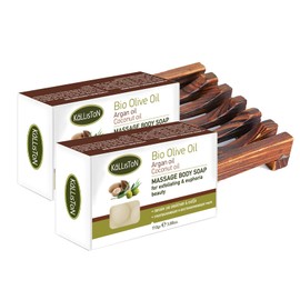 Kalliston, Argan Oil Massage Body Soap, Massage & Exfoliating, Includes Bamboo Soap Dish, Greece, 110g Each, Pack of 2