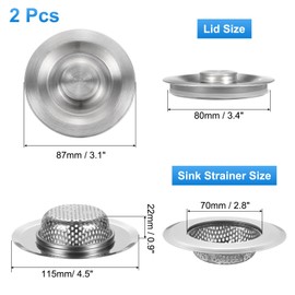 uxcell 2 Pcs Kitchen Sink Strainer Stoppers with Handle and Lid Universal Sink Drain Strainer Filter Kit Stainless Steel Cover Plug for Bathroom Kitchen Sink, Silver(2.8" x 4.5" x 0.9")