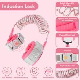 Lehoo Castle Wrist Reins for Toddlers, 1.5M Child Wrist Strap Safety with Induction Lock, Anti Lost Wrist Link Toddler, Toddler Reins for Walking(Pink)