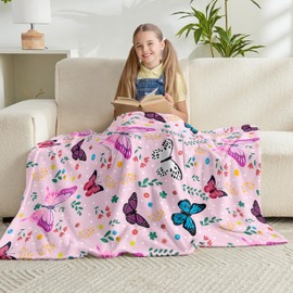 Wajade Butterfly Throw Blanket for Girls Teens Women Pink Soft Fuzzy Flannel Bed Blanket for Couch Sofa Bedroom Plush Colorful Flowers Blankets 60”x80”