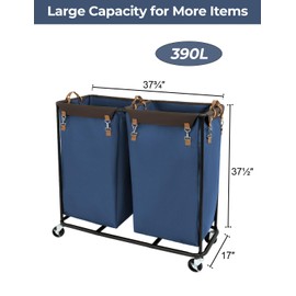 StorageWorks Laundry Sorter Cart with 2 Sections, 390L Laundry Cart with Wheels, Extra Large Double Laundry Hamper, Laundry Basket Divider for Hotel, Home, Blue, 1-Pack