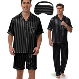 Silk Pajamas for Men 3 Piece Mens Summer Satin Pajamas Set Short Sleeve Men's Sleepwear with Pants Eye Mask (Black Striped, Medium)