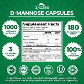 Zazzee D-Mannose, 1000 mg per Serving, 180 Vegan Capsules, 3 Month Supply, Potent & Fast-Acting, Certified Kosher, 100% Pure, All-Natural Urinary Tract Health Support, 100% Vegetarian, Non-GMO