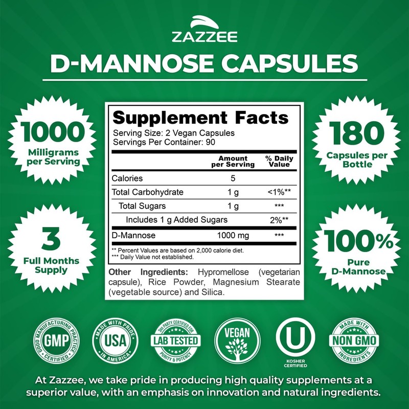 Zazzee D-Mannose, 1000 mg per Serving, 180 Vegan Capsules, 3