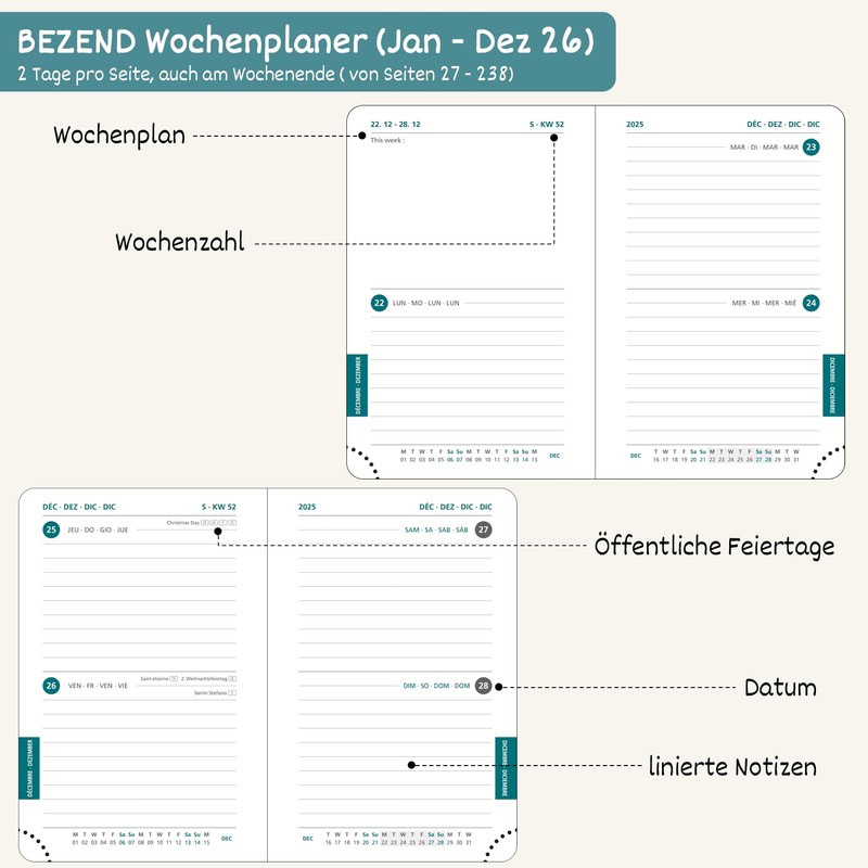 BEZEND Taschenkalender 2026 Klein A7 12 x 8 cm -
