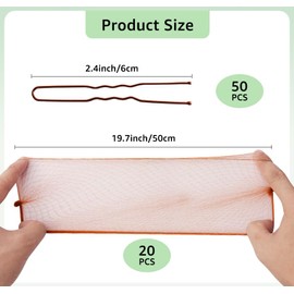 Brown Hair Nets 20PCS Hair Bun Nets with 50Pcs U Shaped Hair Pins Set Bun Hair Nets Invisible Elastic Edge Mesh and U Shaped Pins Dance Ballet Bun Hair Net Set for Sleeping, Women and Wig