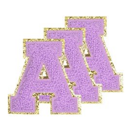 PATIKIL Letters for Iron-On Patches, 3.3 Inches, Pack of 3 Iron-On Patches, Gold Edge, Embroidered Stickers, Iron-On Patches for Clothes, DIY Backpacks, Hats Decoration, Purple Letter-A