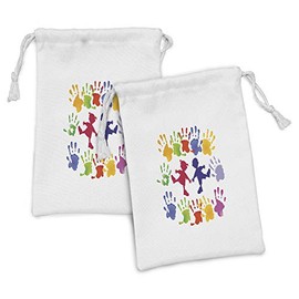 Lunarable Cartoon Fabric Pouch Set of 2, Funny Cheerful Watercolor Hand Prints Colorful Young Party on Plain Backdrop, Small Drawstring Bag for Toiletries Masks and Favors, 9" x 6", Multicolor