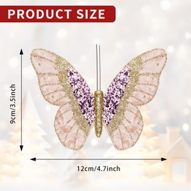 6Pcs Artificial Velvet Glitter Butterflies Clip-On Christmas Decorative Ornaments for Xmas Tree Decoration Crafts Wreath Festive Holiday Wedding Party Home Decor, 5.9 x 3.15 Inch (6, Pink)