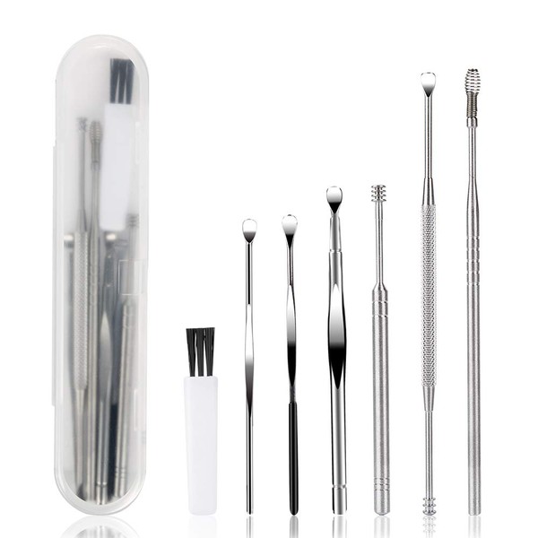 7 Pcs Ear Pick Earwax Removal Kit, BetyBedy Ear Cleansing Tool Set, Ear Curette Ear Wax Remover Tool with Cleaning Brush and Storage Box, Sliver