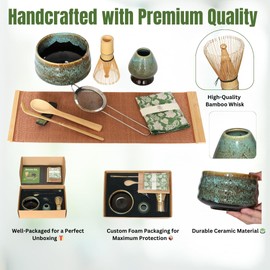 Annie & Mia Design Matcha Whisk Set (9pcs), Japanese Tea Matcha Set includes Ceramic Matcha Bowl, Bamboo Matcha Whisk (Chasen), Ceramic Whisk Holder, Bamboo Matcha Scoop (Chashaku), Blue