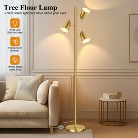 QiMH Tree Floor Lamp with 3 Light Bulbs, Standing Tall Pole Lamps for Living Room Bedroom Office, Reading Stand up Lamps with 3 Adjustable Arms, Brushed Gold