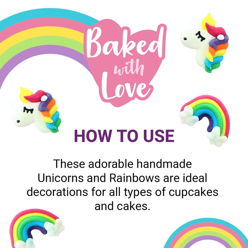 Baked With Love Unicorn And Rainbow Cupcake Decorations, Edible Sugar