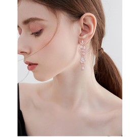 Rose Gold Women's Wedding Bridal Dangle Earrings Crystal Flower Chandelier Teardrop Bling Unique Wedding Jewelry Gift for Bride Bridesmaids