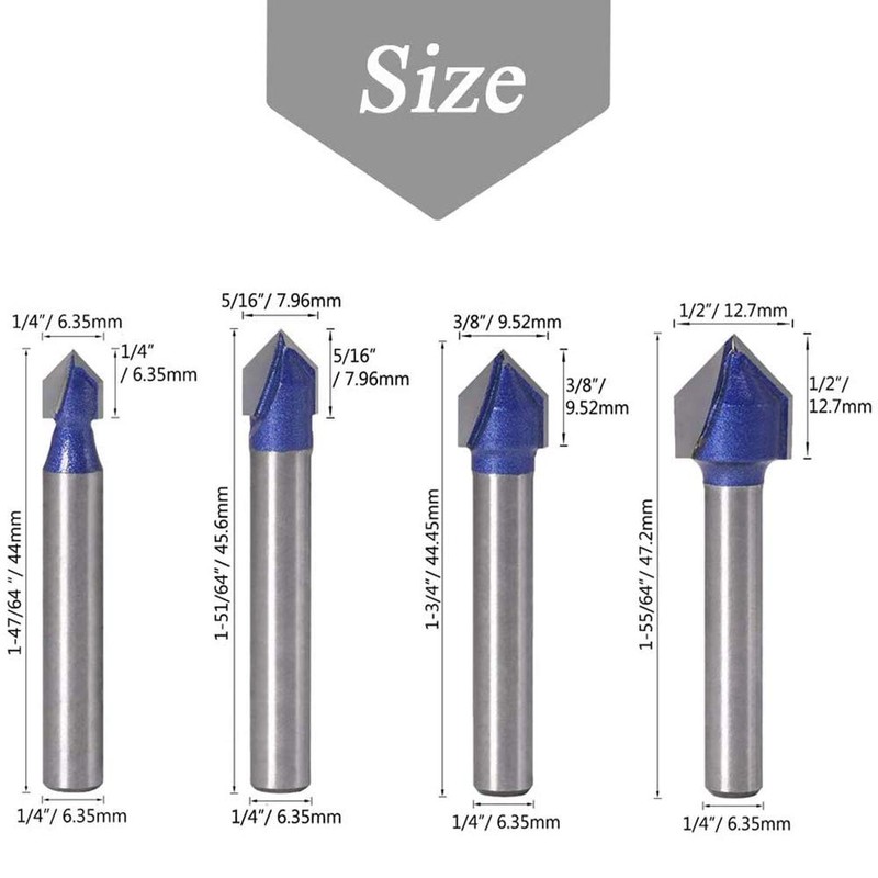 Mesee 4 Pieces 90 Degree V Groove Router Bit Set,