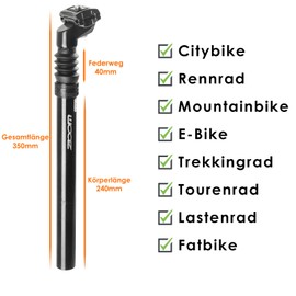 Spring-Loaded Bicycle Seat Post 27.2 / 30.4 / 30.9 / 31.6 mm - Aluminium Cushioning Seat Post with Adjustable Suspension for MTB, E-Bike, City Bike, BMX & Children's Bicycle