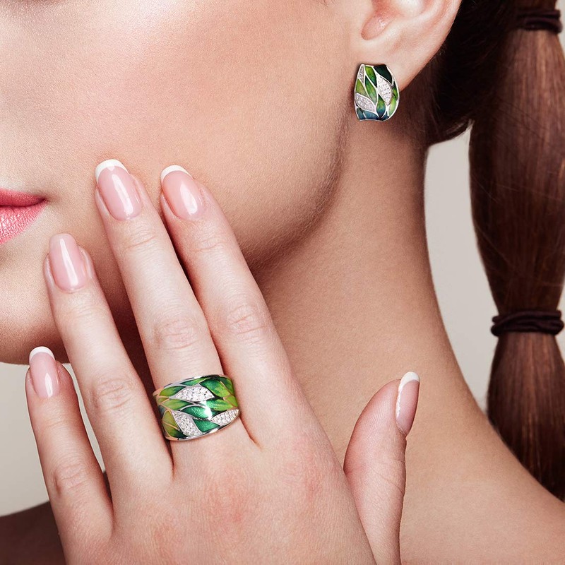 Santuzza Bamboo Leaves Earrings 925 Sterling Silver Cubic Zirconia Enamel