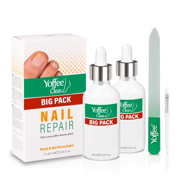 Yoffee Clear XL Kit - Nail Care - Nail Care Treatment - 2 x 60 ml - With Vitamin E - Organic Argan and Tea Tree Oil - Antiseptic - For Fingers and Pedicure - Clinically Tested - Made in Spain