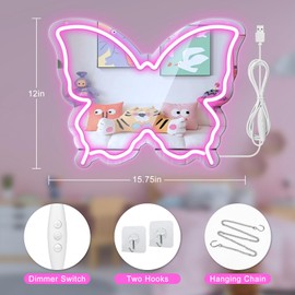 Butterfly Neon Signs Mirror, Dimmable LED Neon Lights for Wall Decor, 15.7'' x 12'' Neon Sign Mirror for Teen Girls & Kids Birthday Party Gift, Neon Light for Bedroom & Room Decoration (Pink)