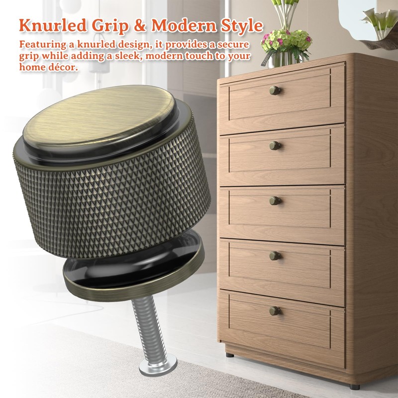 FURNIWARE 10 Pack Shiny Antique Brass Knurled Cabinet Knobs, 25mm