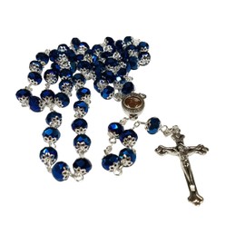 LION OF JUDAH MARKET Deep Blue Crystal Beads Religious Rosary Catholic Necklace Holy Land Soil Medal Cross Crucifix
