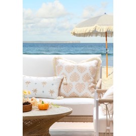 Hofdeco Premium Fall Coastal Patio Indoor Outdoor Pillow Cover Only, 20"x20" Water Repellent for Backyard, Couch, Neutral Tan Monstera Leaf Fringe