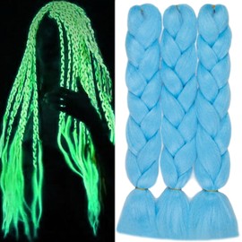 Light Blue Braiding Hair Kanekalon Jumbo Braiding Hair Glow in the Dark Hair Extensions 24inch 3Pcs Glowing Braiding Hair