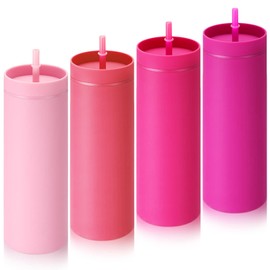 Baderke 4 Pcs 16 oz Skinny Tumblers with Lids and Straws Matte Pastel Colored Reusable Double Wall Plastic Mugs Bulk MulticolorTumblers for Cold Hot Drinks Home Parties Travel DIY Gift (Pink)