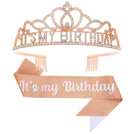 Papoopy Birthday Tiara and Crown with Sash, Birthday Tiara for Women Party Rose