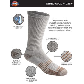 Dickies Men's HYDRO-COOL Moisture Control Crew Socks, (6 Pairs), Grey (6 Pairs), Large