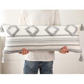 DRNOU Grey and White Boho Long Lumbar Pillow Cover 16 x 36,Cotton Tufted Decorative Extra Long Lumbar Pillow Case Cover for Bed Sofa Couch Livingroom Farmhouse,Modern Accent