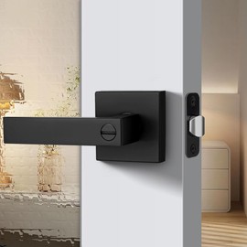 FARDEER Door Knob with Lock for Internal Wooden Bathroom Doors,Stainless Steel Bathroom Flat Reversible Door Handle Square Door Lock Set Without Key Black