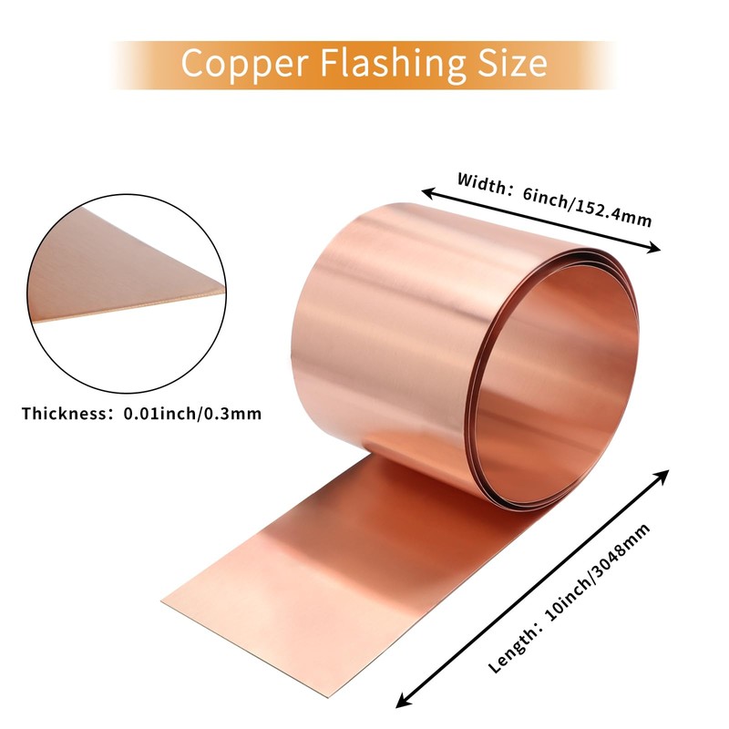 ELECTRAPICK Copper Flashing,28 Gauge(0.3mm) Thickness, 6in x 10ft, 99.95% Pure