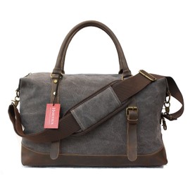 Canvas Genuine Leather Trim Travel Tote Duffel Bag Weekender Overnight Bag