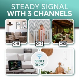 OBET OBET Weather Station Wireless Indoor Outdoor Thermometer with 3 Sensors, Temperature Humidity Monitor with Alerts 500ft Range and 3 Adjustable Brightness