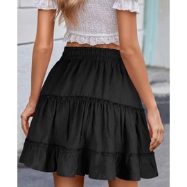 THHGPO Summer Skirts for Women 2025 Vacation Cotton Ruffle Elastic Waist A-Line Casual Short Skirt Black L