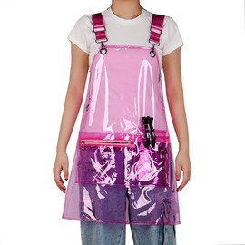 MIKI WELL Updated Hair Stylist Apron,Preventing Hair Pockets- Waterproof Transparent Salon Apron,Multi-pocket with zipper, Pink+pink Straps, 23.2''W x 25.5''L