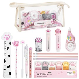 14 Pieces Cute Cat Paws Paw Stationery Set, Kawaii Cartoon Mini Pencil Sharpener Retractable Eraser, Correction Tape, Dotting Pens, Ruler, Sticky Notes for Children and Cat Lovers