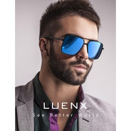 LUENX Polarized Square Aviator Sunglasses for Men, Trendy Retro Oversized Rectangular Mirrored Dark Blue Lens Black Metal Frame 61mm
