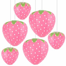 JIEFULL Strawberry Paper Lanterns, 8" & 12" Large Strawberry Hanging Lantern, Strawberry Hanging Decorations for Fruit Theme Birthday Party Decor(6 Pcs, Pink)