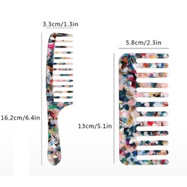Zhailyn Wide Tooth Comb, Tortoise Cellulose Acetate Round Tooth Anti-static Anti-knot Comb for Detangling Wet, Long, Short, Curly, and Straight Hair (2 Pcs)