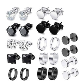 Hoop Stud Earrings For Men Stainless Steel Hypoallergenic Black Silver Kpop Stylish Punk Goth Square Cubic Zirconia Titanium Huggie Earrings Set For Women (Pack Of 12 Pairs)