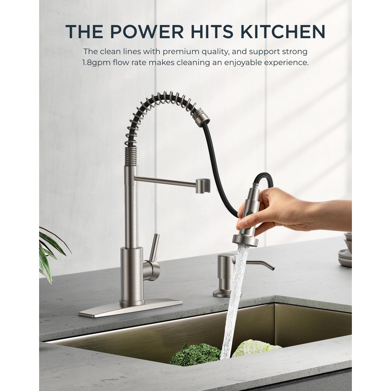 FORIOUS Kitchen Faucets, Brushed Nickel Kitchen Sink Faucet with Pull