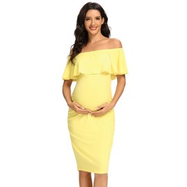 Jezero Women's Maternity Dress Off Shoulder Ruffle Sleeveless Bodycon Dress for Baby Shower Yellow