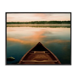 Stupell Industries Canoe on Lake Warm Sunrise Water Reflection Black Framed Wall Art, 30x24, Orange